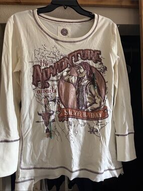 Double D Ranch Cream Long Sleeve Tee with Brown & Teal Graphic Accents